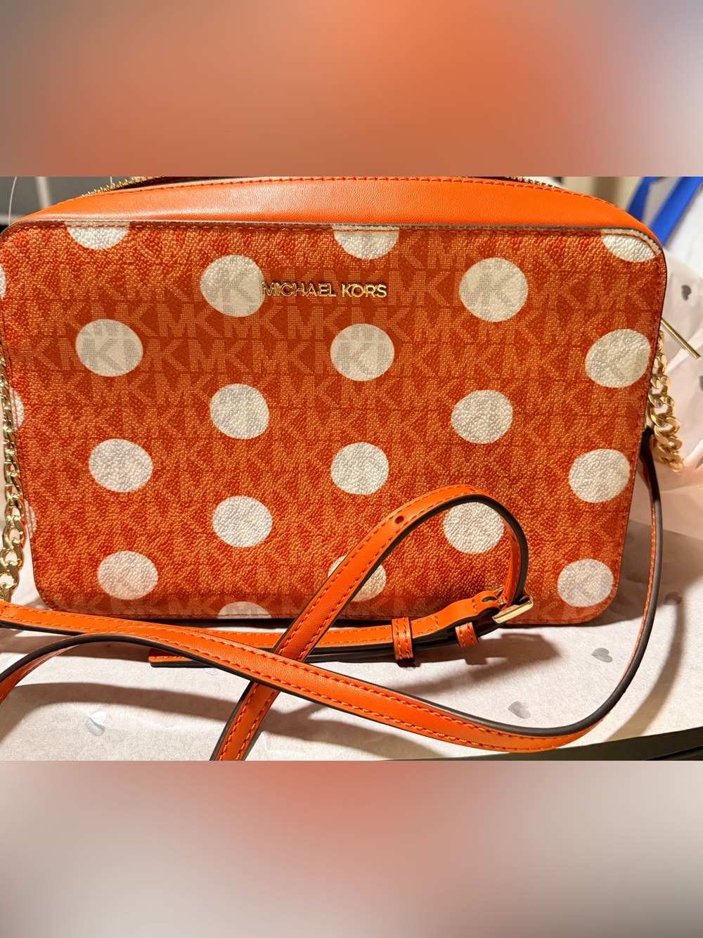 Michael Kors Orange Polka Dot Crossbody with Gold Accents NWT B55